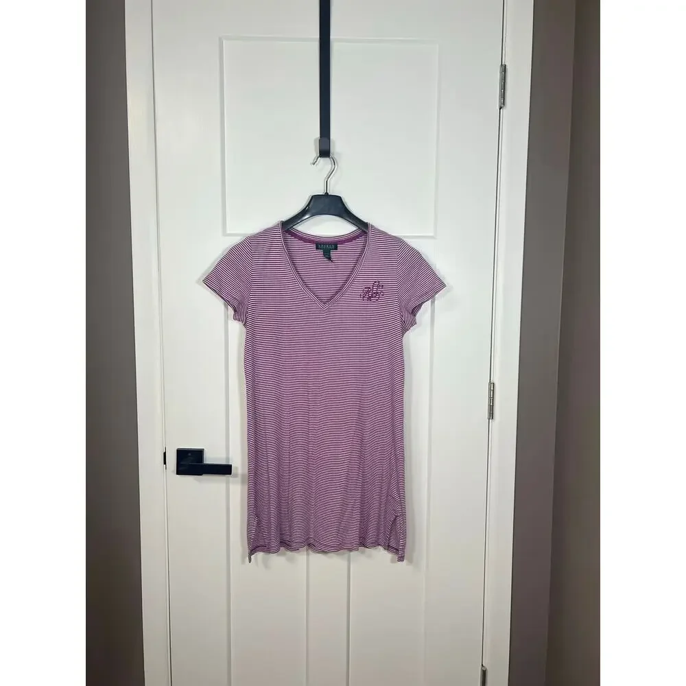 Lauren Ralph Lauren Women's Size M Purple White Stripe V-neck Cotton Tee Dress - Picture 5 of 8
